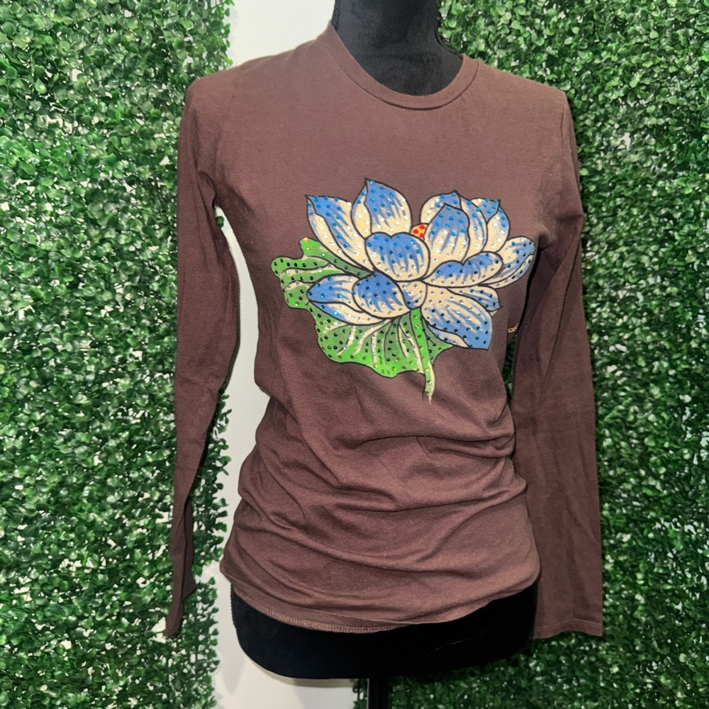 Christian Audigier Brown Top with Blue Floral Design
